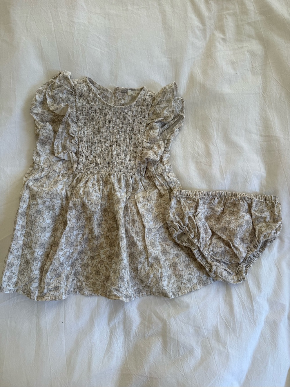 Noralee Smocked Floral Dress & Bloomers Set in Light Beige